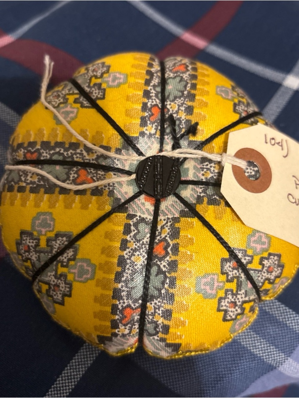 Source Unknown Yellow Patterned Fabric Pincushion